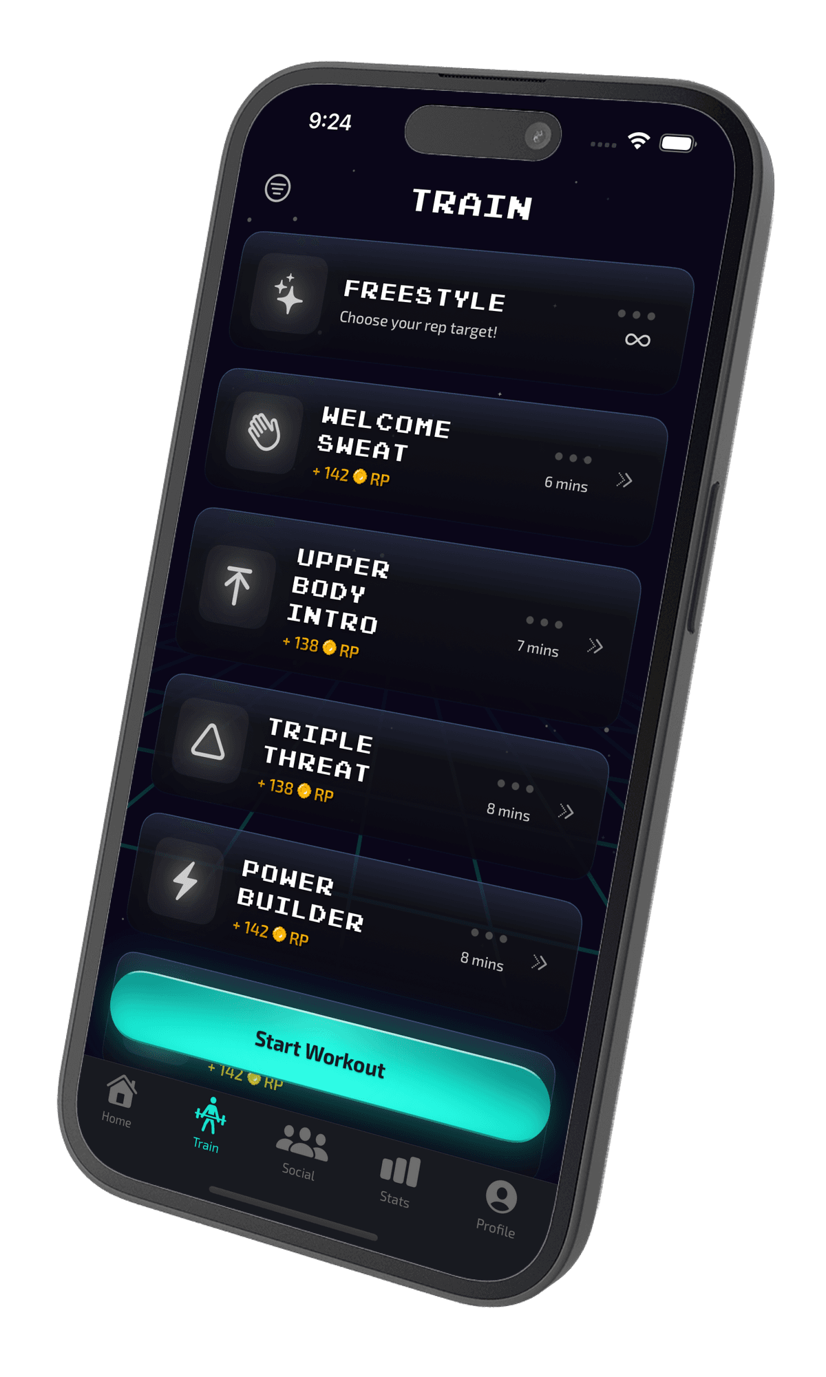 REPS train and workout selection screen